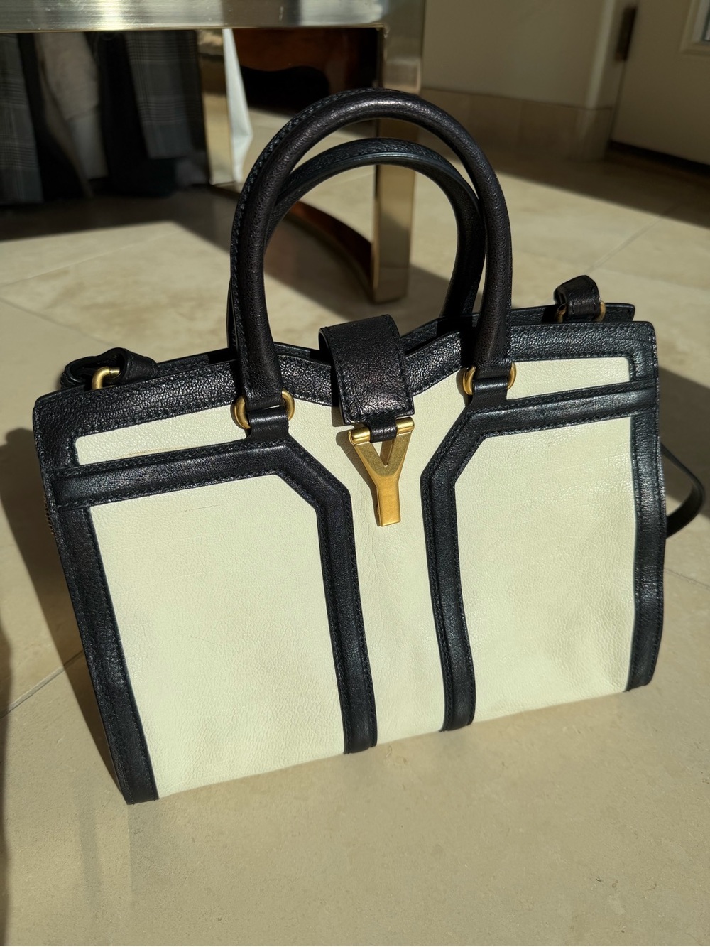 Yves Saint Laurent Black & Cream Structured Y Cabas Bag